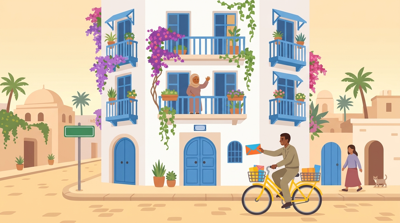 Un facteur à vélo apporte une lettre devant un immeuble blanc aux balcons bleus